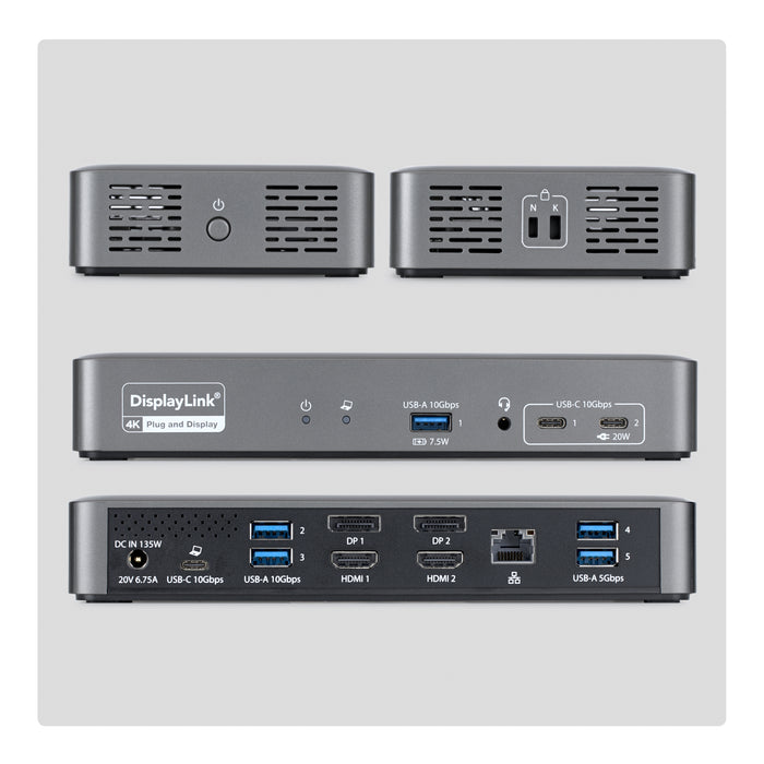 StarTech.com Dual-Monitor USB-C Docking Station, 4K 60Hz, HDMI or DisplayPort, 96W Laptop Charging, Gigabit Ethernet, Universal Smart Dock for Windows and macOS, Wired, USB 3.2 Gen 2 (3.1 Gen 2) Type-C, 96 W, 3.5 mm, 10,100,1000 Mbit/s, Grey