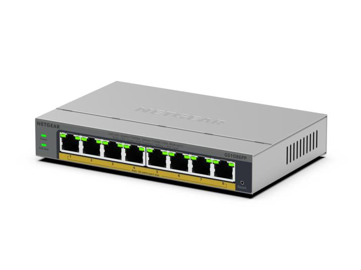 NETGEAR GS108EPP, Unmanaged, Gigabit Ethernet (10/100/1000), Full duplex, Power over Ethernet (PoE), Desktop/Wall-Mounting
