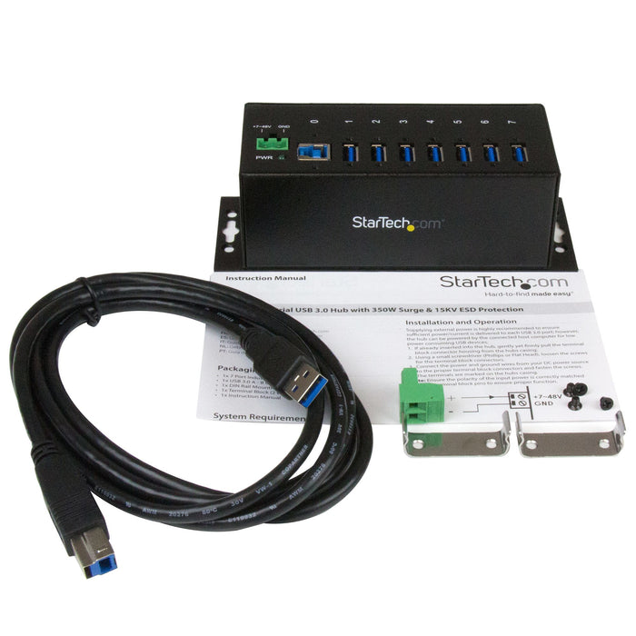 StarTech 7-Port USB 3.0 Hub - 5Gbps - Metal Industrial USB-A Hub with ESD Protection & 350W Surge Protection - Din Rail, Wall or Desk Mountable - TAA Compliant USB Expander Hub (ST7300USBME)