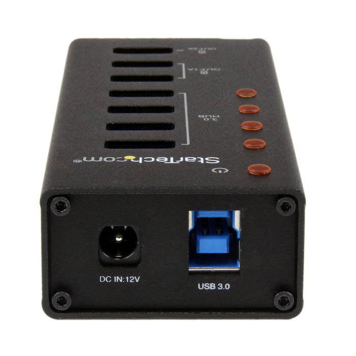 StarTech.com 4 Port USB 3.0 Hub (5Gbps) plus 3 Dedicated USB Charging Ports (2 x 1A & 1 x 2A) - Wall Mountable Metal Enclosure, USB 3.2 Gen 1 (3.1 Gen 1) Type-B, USB 2.0, USB 3.2 Gen 1 (3.1 Gen 1) Type-A, 5000 Mbit/s, Black, Aluminium, DC