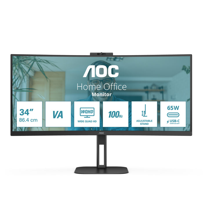 AOC V5 CU34V5CW, 86.4 cm (34"), 3440 x 1440 pixels, Wide Quad HD, LED, 4 ms, Black