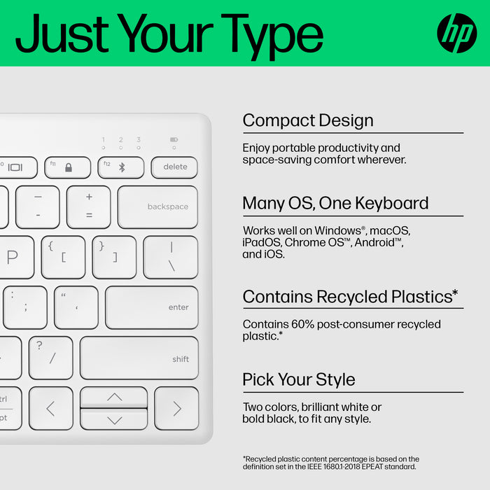 HP 350 Compact Multi-Device Bluetooth Keyboard, Wireless, Bluetooth, Mechanical, White