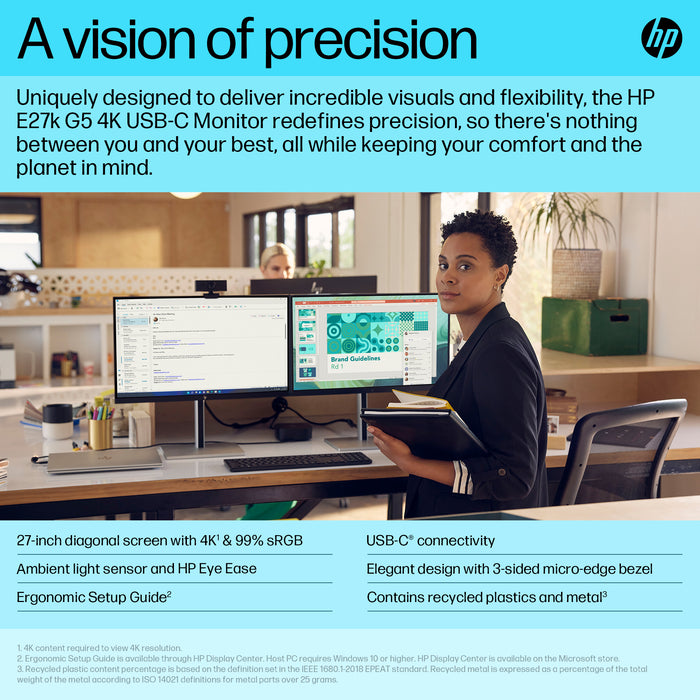 HP E-Series E27k G5 4K USB-C Monitor, 68.6 cm (27"), 3840 x 2160 pixels, 4K Ultra HD, LCD, 5 ms, Black, Silver