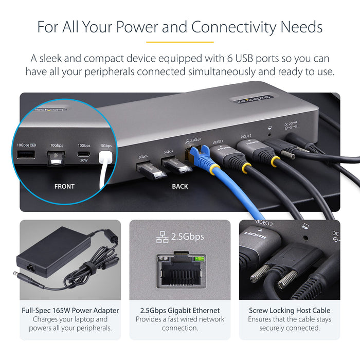 StarTech.com Dual-Monitor USB4 Docking Station, Dual 4K 120Hz or Single 8K 60Hz HDMI, 100W Laptop Charging, 2.5GbE, USB-C Multi-Monitor Dock, Driverless, Wired, USB4, 100 W, 10,100,1000,2500 Mbit/s, Silver, 40 Gbit/s