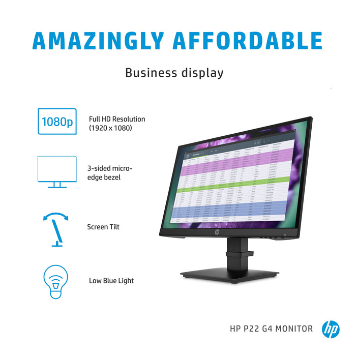 HP P22 G4 22 FHD Monitor, 54.6 cm (21.5"), 1920 x 1080 pixels, Full HD, 5 ms, Black