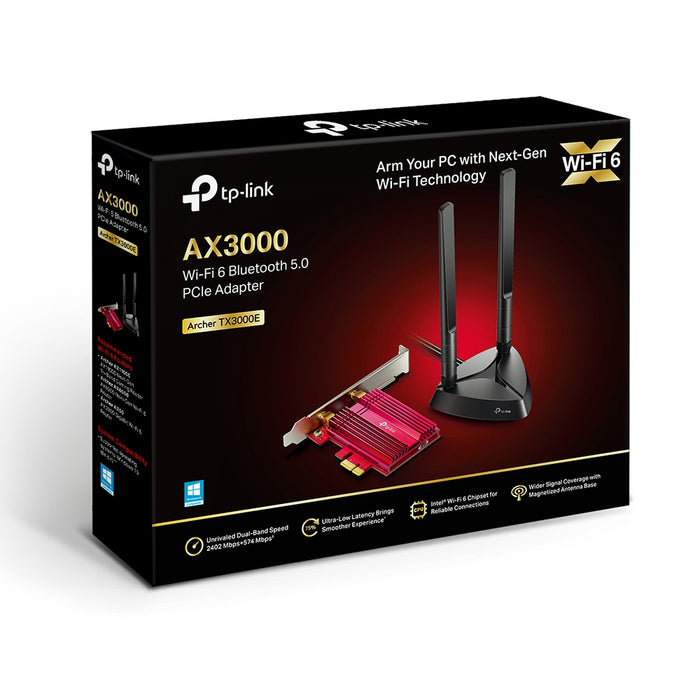 TP-Link Archer TX3000E, Internal, Wireless, PCI Express, WLAN / Bluetooth, 2402 Mbit/s, Black, Red