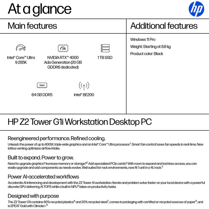HP Z2 Tower G1i, Intel Core Ultra 9, 285K, 64 GB, DDR5-SDRAM, 1 TB, Windows 11 Pro