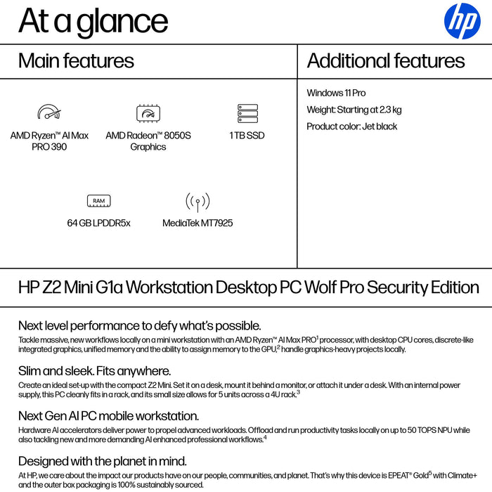 HP Z2 G1a Wolf Pro Security Edition, 3.2 GHz, AMD Ryzen AI Max PRO, 390, 64 GB, 1 TB, Windows 11 Pro