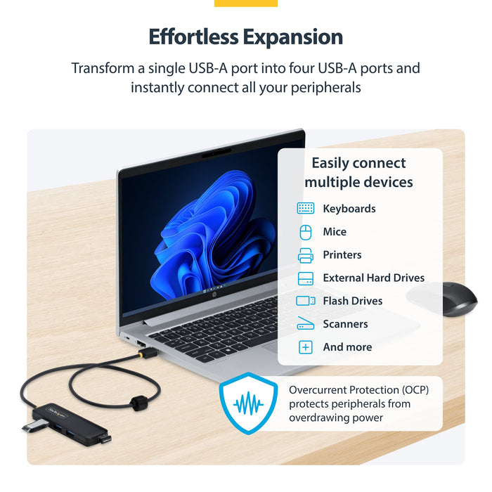 StarTech USB-A 4-Port Hub, SuperSpeed 5Gbps, 4 × USB-A Adapter, Bus-Powered Portable Hub with Extra Long 2 ft Cable, Plug-and-Play for MacBook, Dell, Chromebook, PC & Peripheral Devices