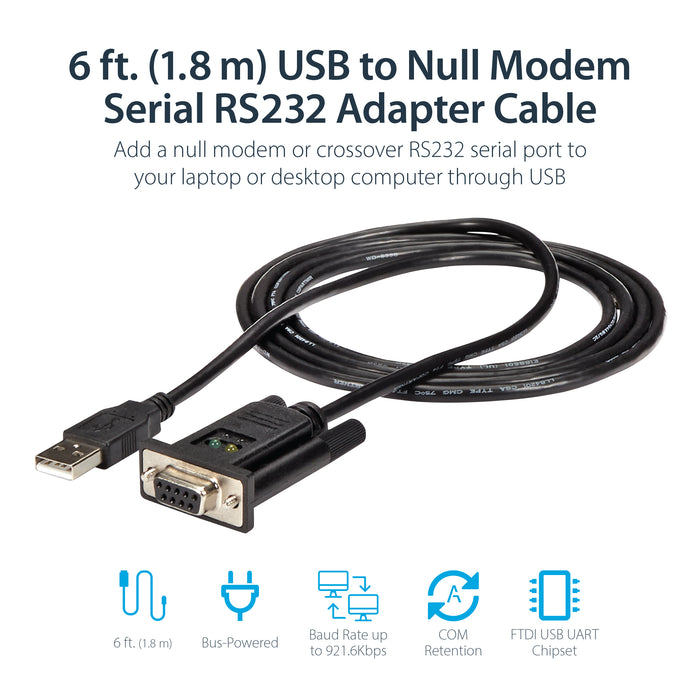 StarTech.com 6ft (1.8m) 1-Port USB to Serial RS232 Adapter, FTDI DB9 Serial DCE Adapter Cable, Null Modem, USB 2.0 - TAA, Black, 1.7 m, USB Type-A, DB-9, Male, Female