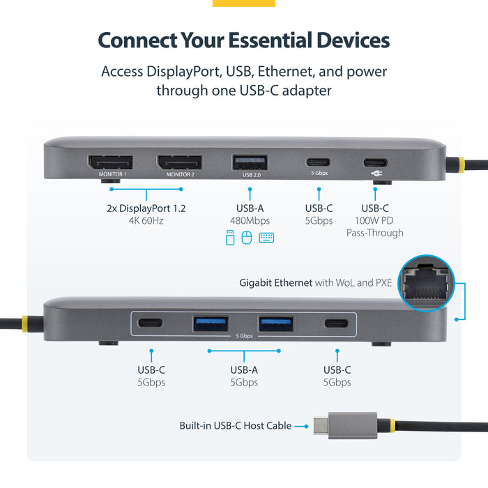 StarTech.com 10-in-1 USB-C to Dual-DisplayPort Multiport Adapter, 100W Power Delivery Charging, 2x 4K 60Hz, 5-Port 5Gbps Hub, Gigabit Ethernet, Type-C Mini Dock, Wired, USB 3.2 Gen 1 (3.1 Gen 1) Type-C, 100 W, 10,100,1000 Mbit/s, Grey, 5 Gbit/s