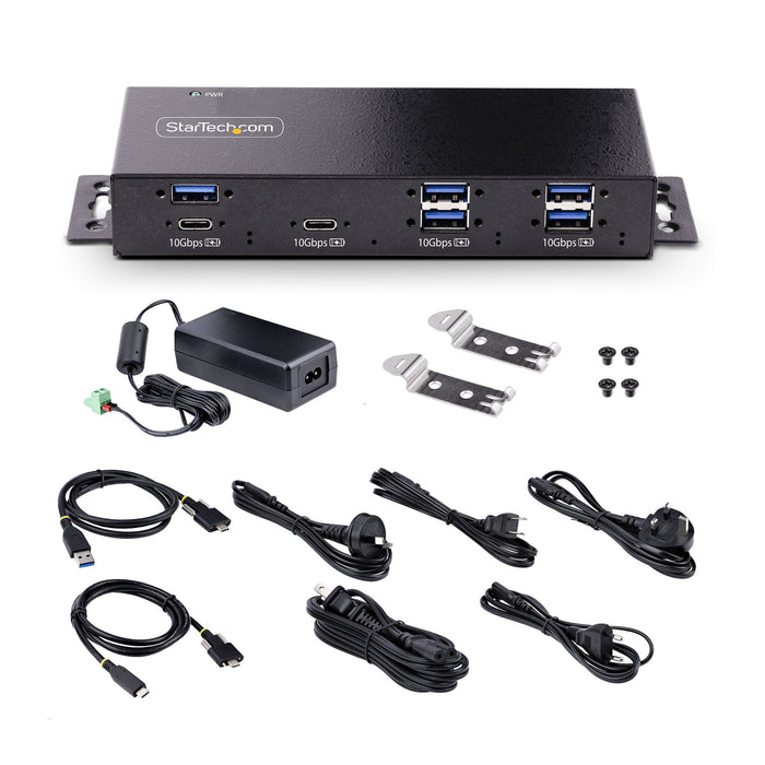 StarTech 7-Port Industrial USB 10Gbps Hub with Power Adapter, Metal, Mountable, 5x USB-A/2x USB-C Downstream Ports, TAA