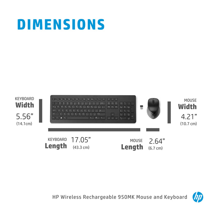 HP Wireless Rechargeable 950MK Mouse and Keyboard, Full-size (100%), Wireless, RF Wireless, Mechanical, Black, Mouse included