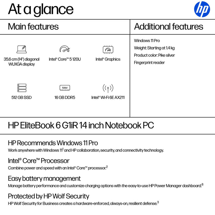 HP EliteBook 6 G1iR, Intel Core 5, 35.6 cm (14"), 1920 x 1200 pixels, 16 GB, 512 GB, Windows 11 Pro