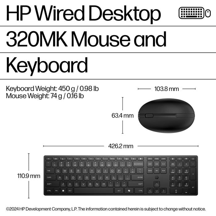 HP Wired Desktop 320MK Mouse and Keyboard, Full-size (100%), Wired, USB, Black, Mouse included