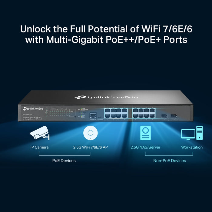 TP-Link Omada 16-Port 2.5G and 2-Port 10GE SFP+ L2+ Managed Switch with 8-Port PoE+, Managed, L2+, 2.5G Ethernet (100/1000/2500), Power over Ethernet (PoE), Rack mounting, 1U