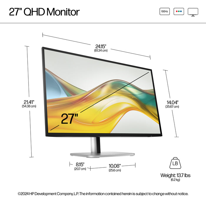 HP Series 5 Pro 27 inch QHD Monitor - 527pq, 68.6 cm (27"), 2560 x 1440 pixels, Quad HD, LCD, 5 ms, Black