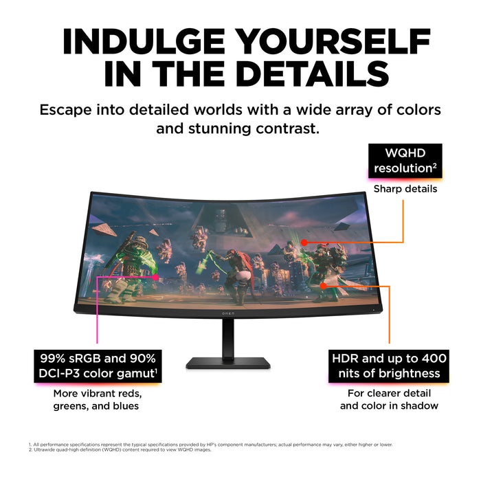 OMEN by HP OMEN by 34 inch WQHD 165Hz Curved Gaming Monitor - OMEN 34c, 86.4 cm (34"), 3440 x 1440 pixels, Wide Quad HD, LCD, 1 ms, Black
