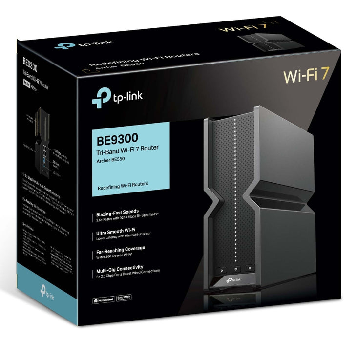 TP-Link Archer BE9300 Tri-Band Wi-Fi 7 Router, Wi-Fi 7 (802.11be), Tri-band (2.4 GHz / 5 GHz / 6 GHz), Ethernet LAN, Black, Tabletop router
