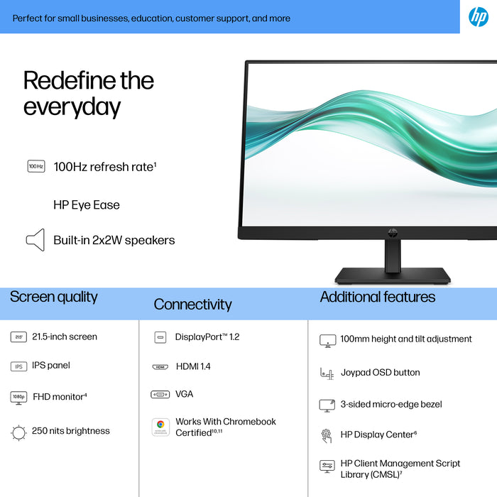 HP Series 3 Pro 21.5 inch FHD Monitor 322ph, 54.6 cm (21.5"), 1920 x 1080 pixels, Full HD, LCD, 5 ms, Black