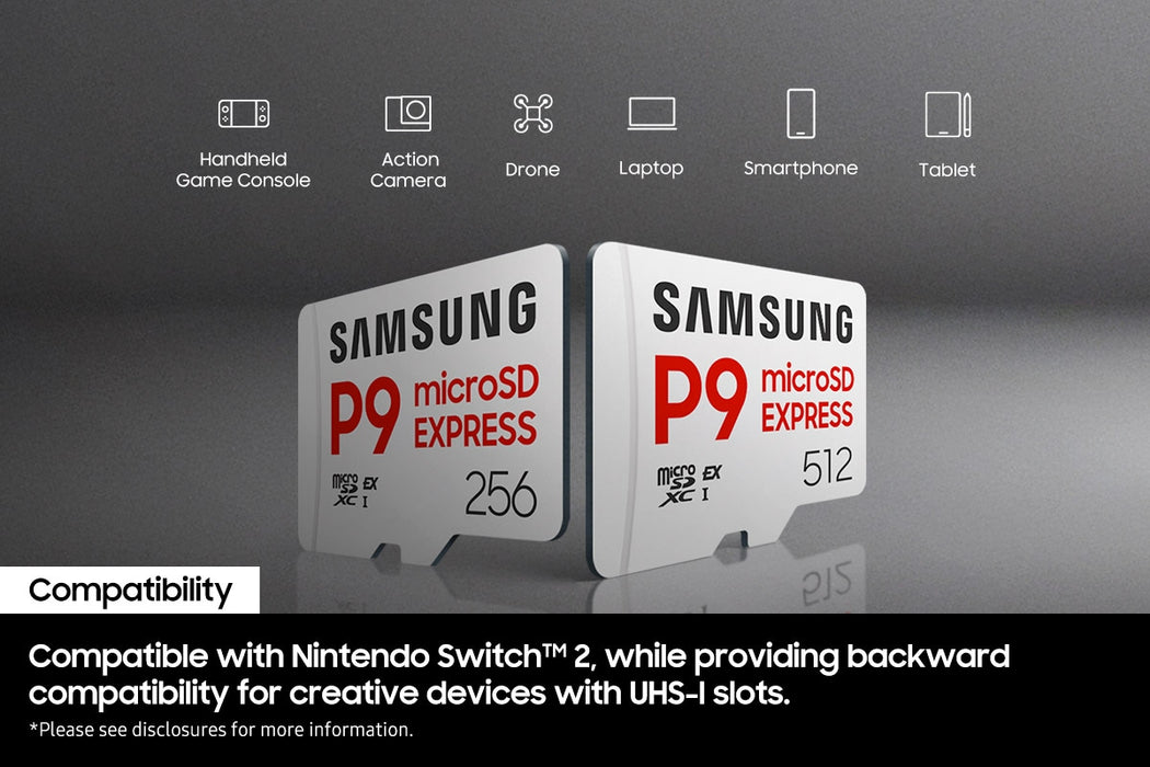 Samsung P9 Express, microSD Express Card, 512 GB, MicroSDXC, UHS-I, 800 MB/s, Class 3 (U3), V30