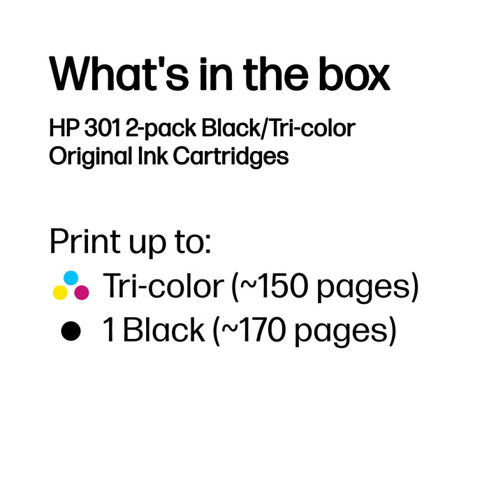HP 301 2-pack Black/Tri-color Original Ink Cartridges, Standard Yield, Black, Cyan, Magenta, Yellow, Pigment-based ink, Dye-based ink, 3 ml, 3 ml