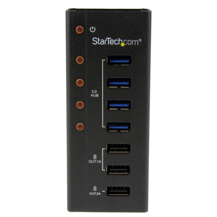 StarTech.com 4 Port USB 3.0 Hub (5Gbps) plus 3 Dedicated USB Charging Ports (2 x 1A & 1 x 2A) - Wall Mountable Metal Enclosure, USB 3.2 Gen 1 (3.1 Gen 1) Type-B, USB 2.0, USB 3.2 Gen 1 (3.1 Gen 1) Type-A, 5000 Mbit/s, Black, Aluminium, DC