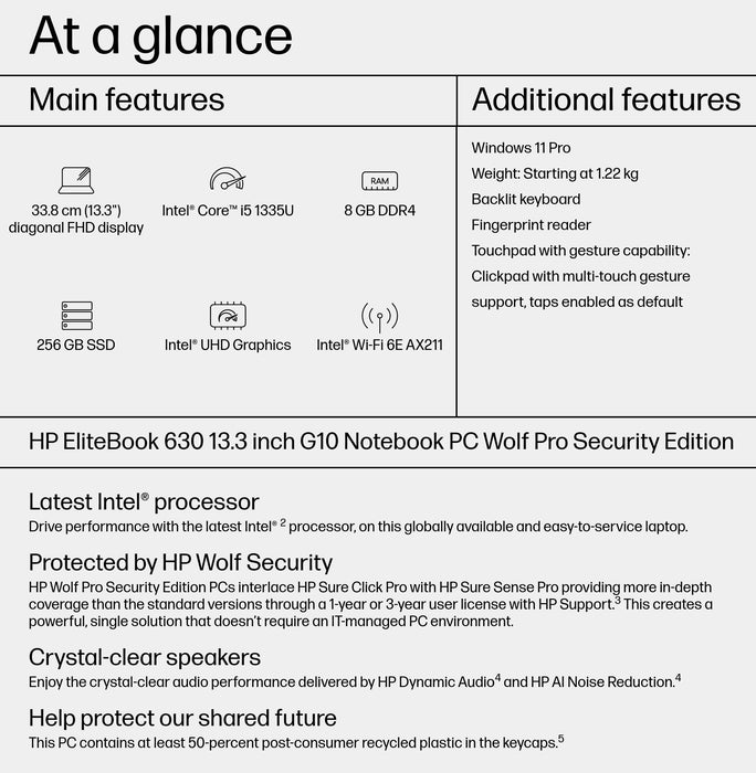 HP EliteBook 630 G10, Intel® Core™ i5, 33.8 cm (13.3"), 1920 x 1080 pixels, 8 GB, 256 GB, Windows 11 Pro