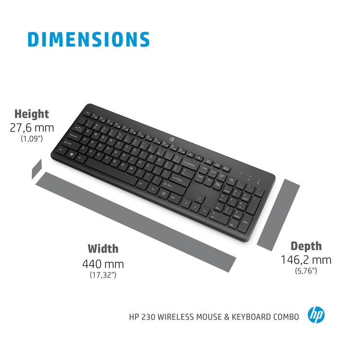 HP 230 Wireless Mouse and Keyboard Combo, Full-size, Wireless, RF Wireless, Membrane, Black, Mouse included