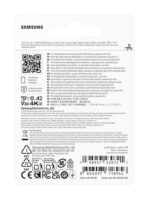 Samsung T9 microSD card, 128 GB, MicroSDXC, UHS-I, 200 MB/s, 130 MB/s, Class 3 (U3)