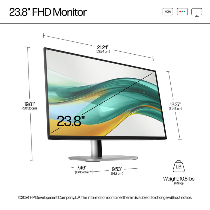 HP Series 5 Pro 23.8 inch FHD Monitor - 524pf, 60.5 cm (23.8"), 1920 x 1080 pixels, Full HD, LCD, 5 ms, Black, Silver