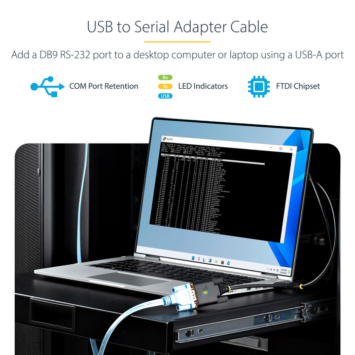 StarTech.com 3.3ft (1m) USB to Serial Adapter Cable, COM Retention, Interchangeable Screws/Nuts, USB-A to DB9 RS232, FTDI IC, ESD Protection, Windows/macOS/Linux, Black, 1 m, USB Type-A, RS-232, Male, Male