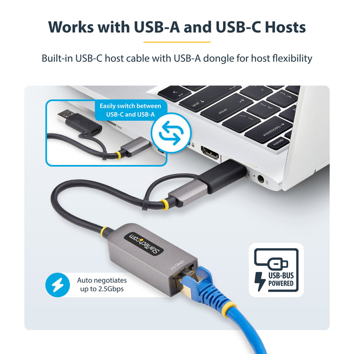 StarTech.com 2.5GbE USB-C to Ethernet Adapter with USB-A Converter, NBASE-T NIC, USB 3.0 Type-C 2.5/1G Multi Speed Network, Thunderbolt Compatible, Windows & Mac, Wired, USB Type-C, Ethernet, 5000 Mbit/s, Grey
