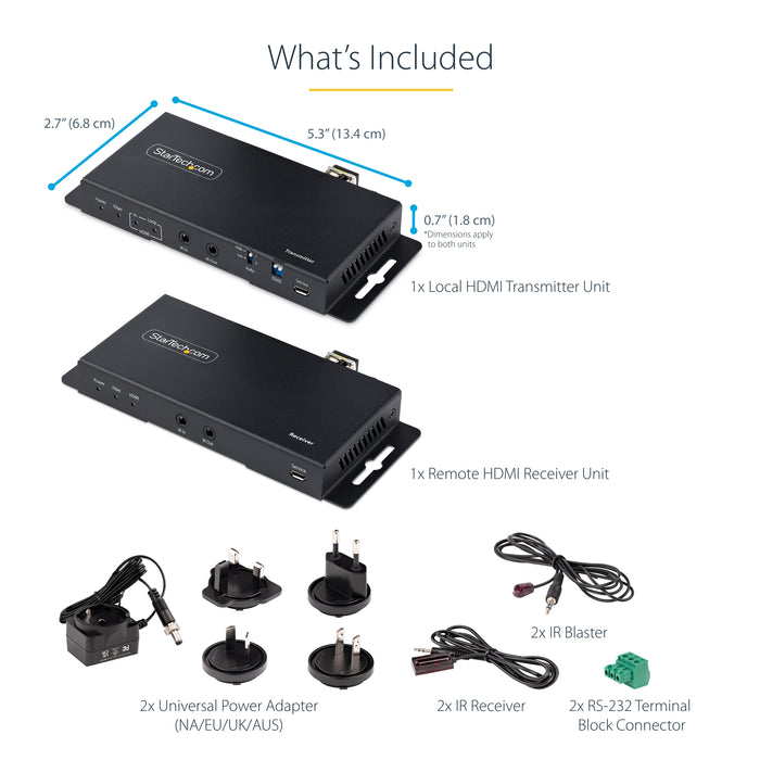 StarTech 4K HDMI over Fiber Extender Kit, 4K 60Hz up to 3300ft (Single Mode) or 1000ft (Multimode) LC Fiber Optic, HDR, HDCP, Audio/RS232/IR Extender, Transmitter and Receiver Kit (ST121HD20FXA2)