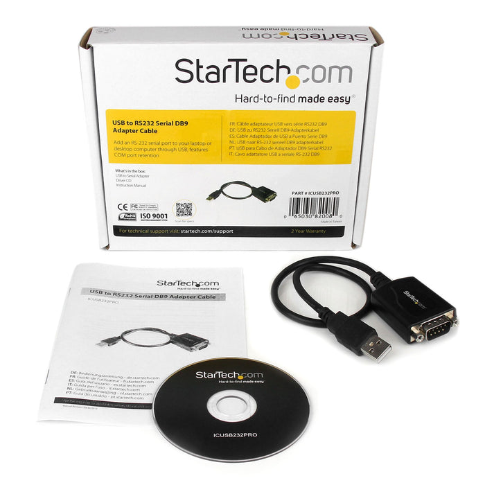 StarTech.com 1 ft USB to RS232 Serial DB9 Adapter Cable with COM Retention - TAA, Black, CE, FCC, Mac OS X 13.0 Ventura, 70 g, 1 pc(s), 174 mm