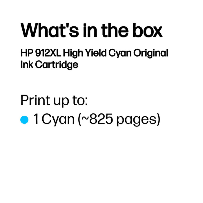HP 912XL High Yield Cyan Original Ink Cartridge, High (XL) Yield, Cyan, Pigment-based ink, 8.5 ml, 1 pc(s), Single pack