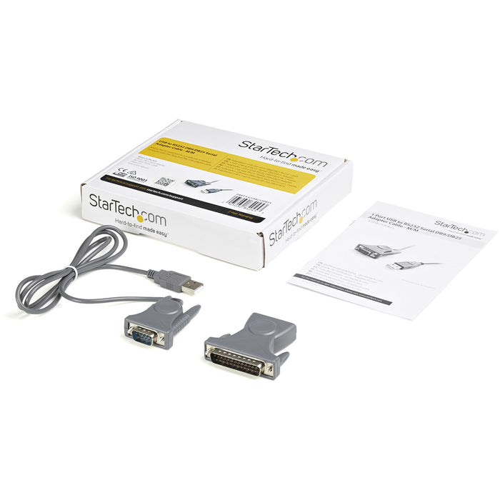 StarTech.com 3ft (91cm) 1-Port USB to Serial Cable, DB9/DB25 RS232 to USB Converter, Prolific, USB to Serial Adapter, Grey, 0.9 m, USB Type-A, DB-9, Male, Male