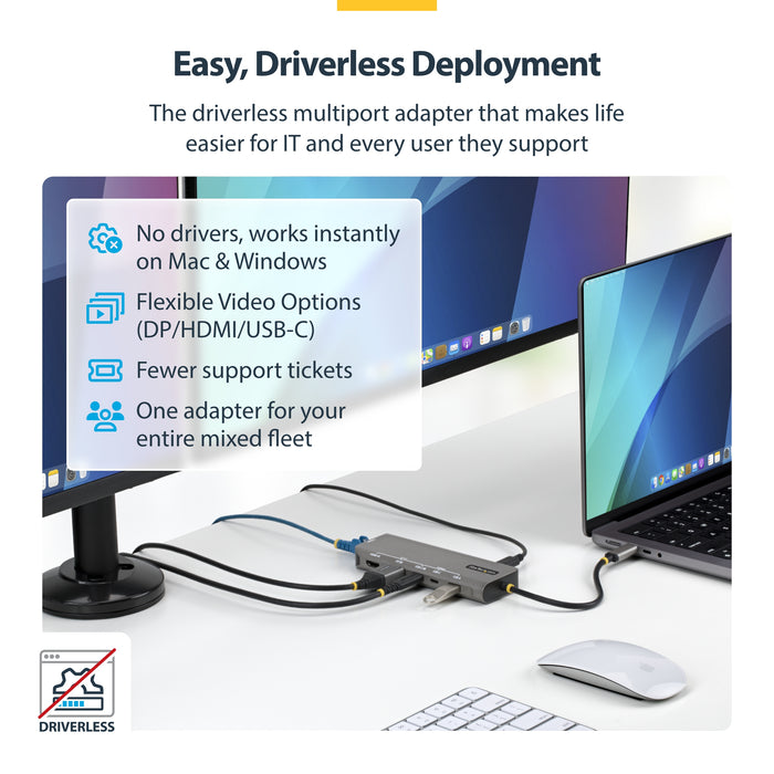 StarTech.com USB4 Multiport Adapter, Driverless Dual-4K for macOS and Windows, 140W Power Delivery Charging, 3-Port 10Gbps Hub, 2.5GbE, Mini Dock, Wired, USB4, 140 W, 10,100,1000,2500 Mbit/s, Grey, 40 Gbit/s