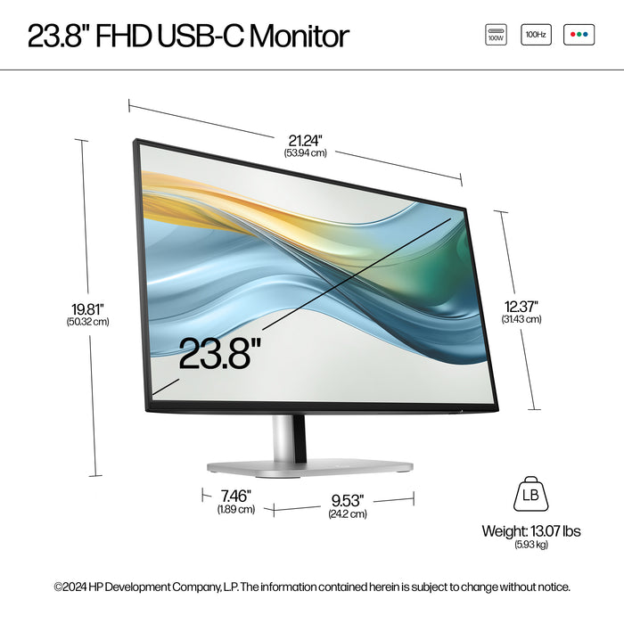 HP Series 5 Pro 23.8 inch FHD USB-C Monitor - 524pu, 60.5 cm (23.8"), 1920 x 1080 pixels, Full HD, LCD, 5 ms, Black, Silver