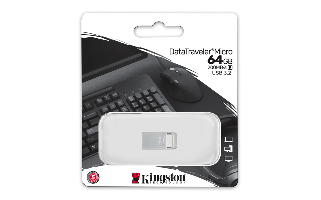 Kingston Technology DataTraveler 64GB Micro 200MB/s Metal USB 3.2 Gen 1, 64 GB, USB Type-A, 3.2 Gen 1 (3.1 Gen 1), 200 MB/s, Capless, Silver
