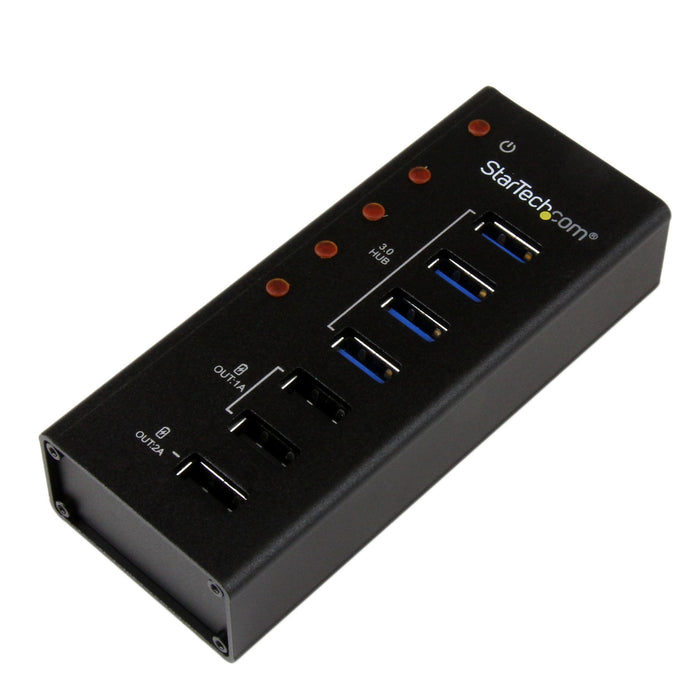StarTech.com 4 Port USB 3.0 Hub (5Gbps) plus 3 Dedicated USB Charging Ports (2 x 1A & 1 x 2A) - Wall Mountable Metal Enclosure, USB 3.2 Gen 1 (3.1 Gen 1) Type-B, USB 2.0, USB 3.2 Gen 1 (3.1 Gen 1) Type-A, 5000 Mbit/s, Black, Aluminium, DC