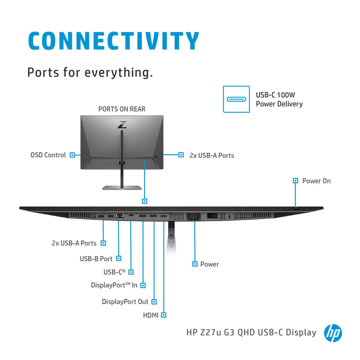 HP Z27u G3 QHD Display, 68.6 cm (27"), 2560 x 1440 pixels, Quad HD, LED, 5 ms, Silver
