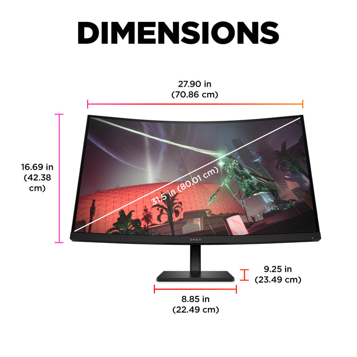 OMEN by HP OMEN by 31.5 inch QHD 165Hz Curved Gaming Monitor - OMEN 32c, 80 cm (31.5"), 2560 x 1440 pixels, Quad HD, LCD, 1 ms, Black