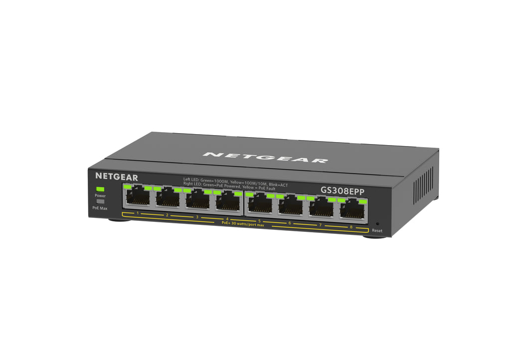 NETGEAR GS308EPP, Managed, L2/L3, Gigabit Ethernet (10/100/1000), Full duplex, Power over Ethernet (PoE)