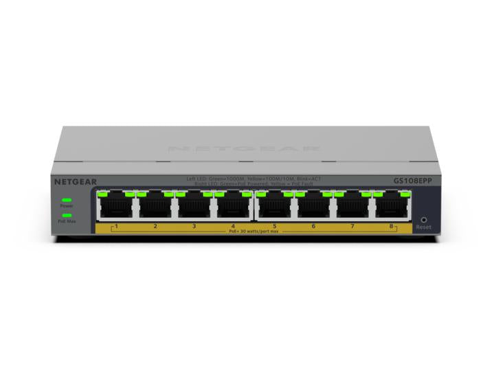 NETGEAR GS108EPP, Unmanaged, Gigabit Ethernet (10/100/1000), Full duplex, Power over Ethernet (PoE), Desktop/Wall-Mounting