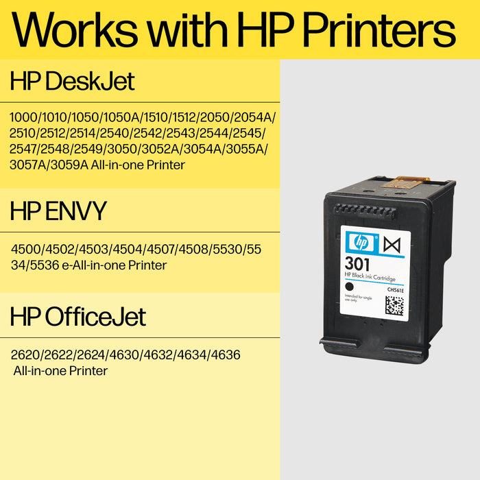 HP 301 2-pack Black/Tri-color Original Ink Cartridges, Standard Yield, Black, Cyan, Magenta, Yellow, Pigment-based ink, Dye-based ink, 3 ml, 3 ml