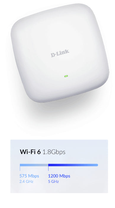 D-Link AX1800 Wi-Fi 6 Dual-Band PoE Access Point, 2.4 GHz, 5 GHz, 1800 Mbit/s, 64-bit WEP, 128-bit WEP, SSID, SSL/TLS, WPA, WPA2, WPA3, 10,100,1000 Mbit/s