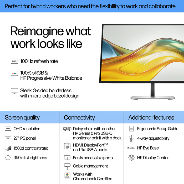 HP Series 5 Pro 27 inch QHD Monitor - 527pq, 68.6 cm (27"), 2560 x 1440 pixels, Quad HD, LCD, 5 ms, Black