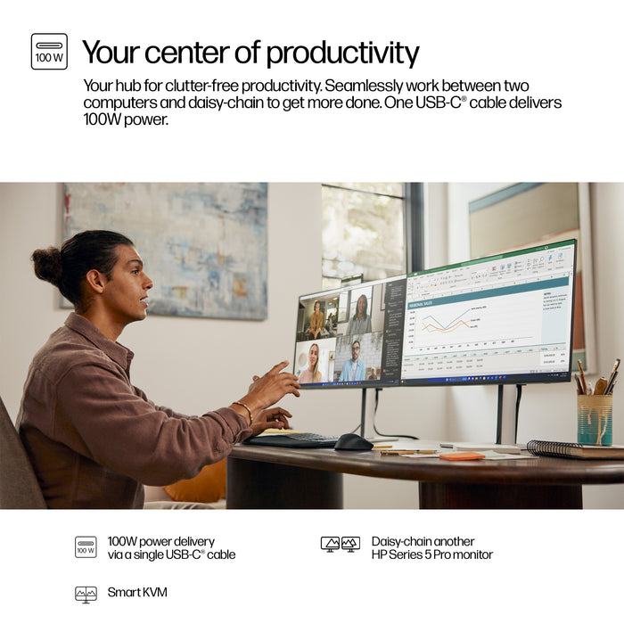 HP Series 5 Pro 27 inch QHD USB-C Conferencing Monitor - 527pm, 68.6 cm (27"), 2560 x 1440 pixels, Quad HD, LCD, 5 ms, Black