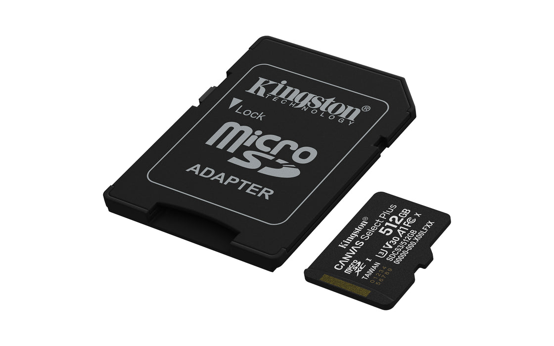 Kingston Technology 512GB microSDXC Canvas Select Plus Gen3 150MB/s A1 Card + Adapter, 512 GB, MicroSDXC, Class 10, UHS-I, 150 MB/s, Class 3 (U3)